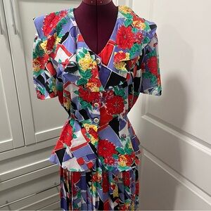 Vintage LESLIE BELLE Peplum Top & Pleated Skirt Set | Floral Geometric Print 7/8